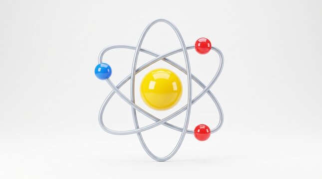 3D atom model icon with yellow nucleus and orbiting electrons for science education, physics, and chemistry concept physics research, technology, and scientific innovation