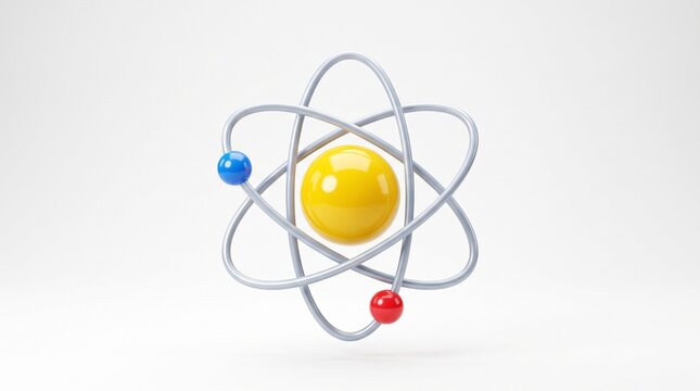 3D atom model icon with yellow nucleus and orbiting electrons for science education, physics, and chemistry concept physics research, technology, and scientific innovation
