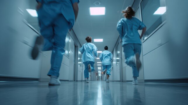 Medical team running through hospital hallway, doctor in front, nurses following, back view, realistic motion 