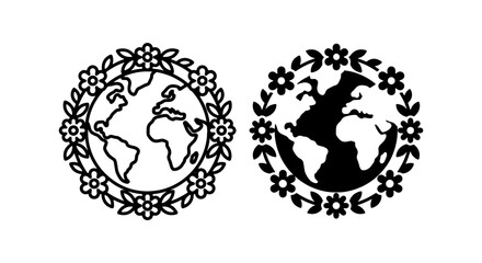Fototapeta premium Planet Earth icons encircled by floral wreaths represent global nature conservation.