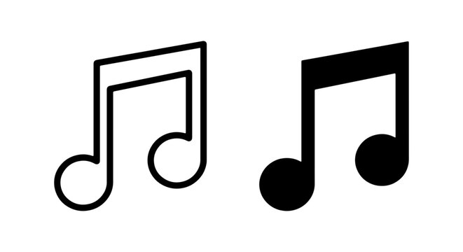 Musical eighth note symbols in outline and solid black represent music and sound.