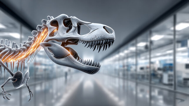3D model of dinosaur skeleton in a modern laboratory setting with anatomy details