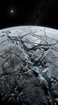 Global ice sheet crust covering frozen planetary body, demonstrating deep tectonic fractures, jagged seracs reflecting faint starlight, dark vacuum space background with distant star.