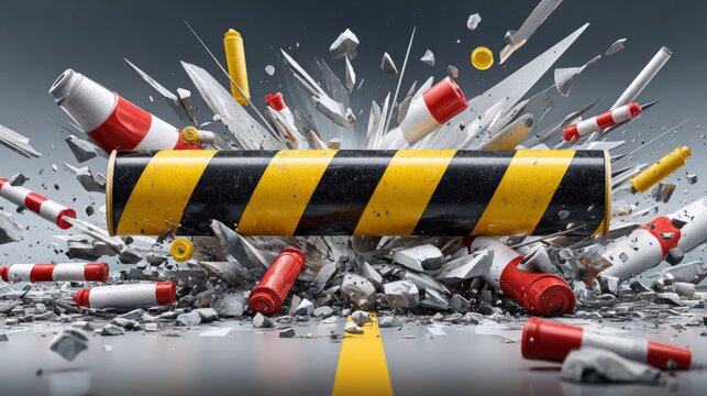 Construction site explosion releases debris and warning signs in a chaotic scene
