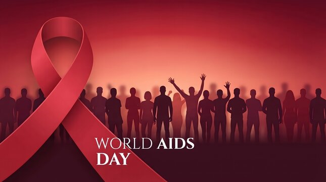 A symbolic red ribbon representing World AIDS Day awareness against a blurred background of people cheering in unity and solidarity.