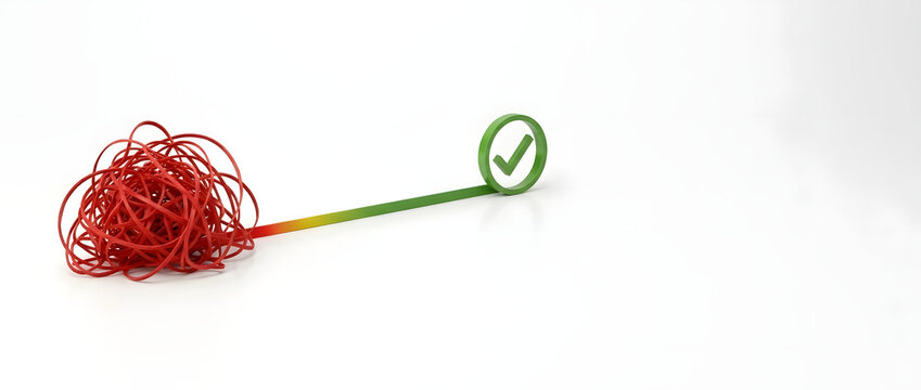 Conceptual 3D illustration representing the transition from a complex tangled mess to a simple straight path and successful solution symbolized by a green checkmark on a white background.