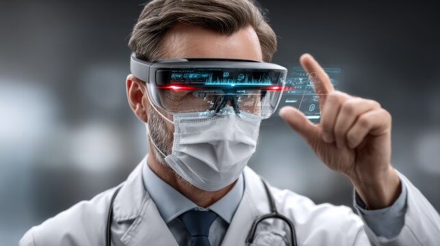 Doctor interacts with virtual data using smart glasses in a hospital during a patient consultation