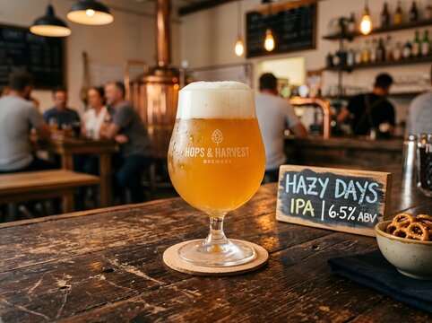 Cold pint of craft beer with foam on a wooden bar counter in a pub.   