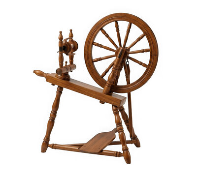 Traditional wooden spinning wheel for wool and fiber craft isolated on transparent background