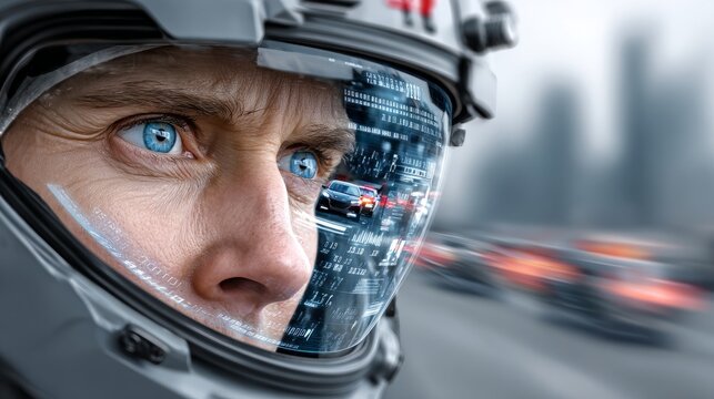 Close-up of a race car driver wearing a smart helmet displaying digital data, symbolizing advanced technology in motorsport.