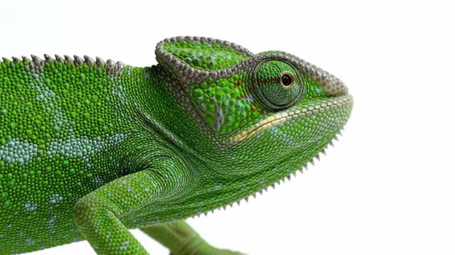 Profile of a green veiled chameleon head against a white background