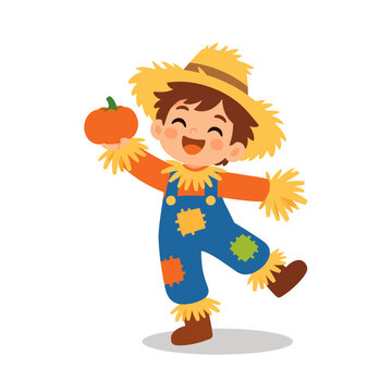 Happy Kid in Scarecrow Costume with Straw Hat Holding Small Pumpkin Illustration