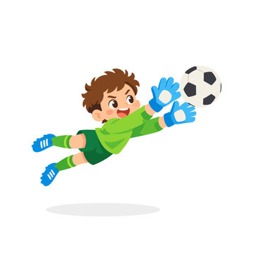 Brave Goalkeeper Boy Diving to Catch Soccer Ball Save Cartoon Illustration
