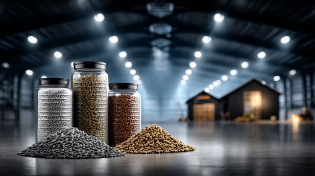 Colorful jars filled with pet food stand proudly in a spacious warehouse, creating a vibrant atmosphere of abundance