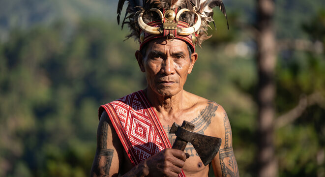Adivay Festival Benguet Philippines, Igorot Warrior Elder in Traditional Bahag and Tattoos at Highland Ceremony