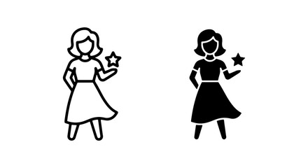Fototapeta premium A female figure is presented in two stylized forms, one outlined and the other a solid black icon, holding a star.