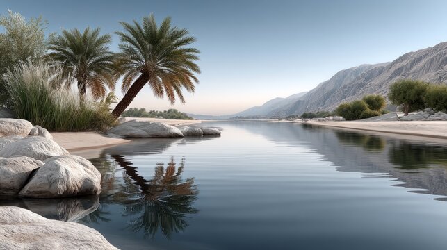 Palm trees stand by a river at dawn, reflecting mountains and stones in a desert setting