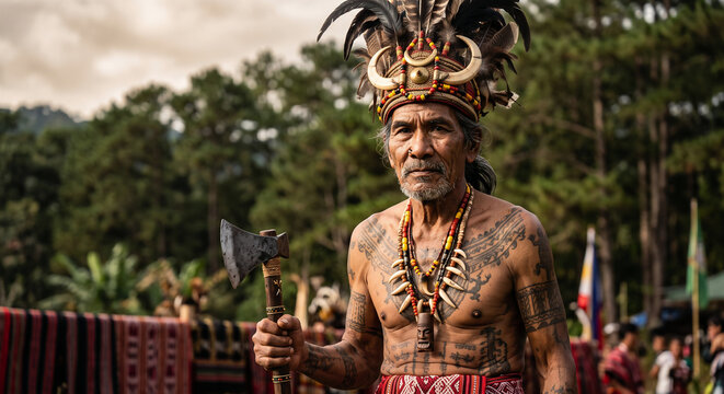 Adivay Festival Benguet Philippines, Igorot Warrior Elder in Traditional Bahag and Tattoos at Highland Ceremony