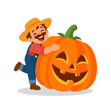 Cheerful Farmer Hugging Giant Jack O Lantern Pumpkin Harvest Halloween Illustration