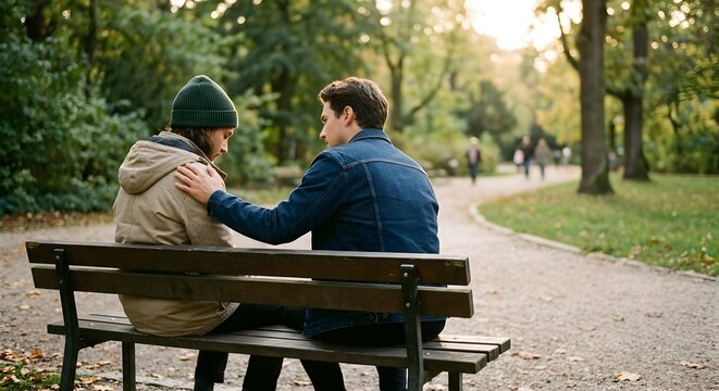 Man in denim jacket touching shoulder of man in beanie