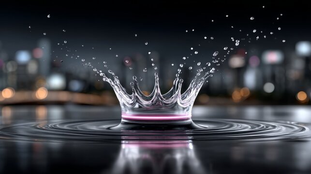 Water splash creates a crown shape in the surface reflecting city lights