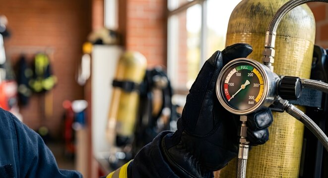 Gloved hand holding pressure gauge on yellow air tank