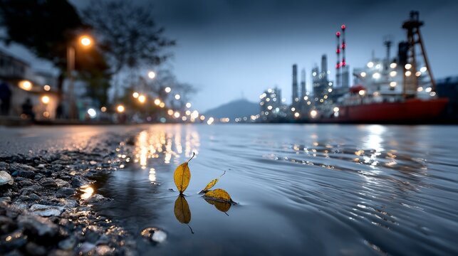 Leaves float in a puddle as city lights and ships create a moody urban scene at dusk