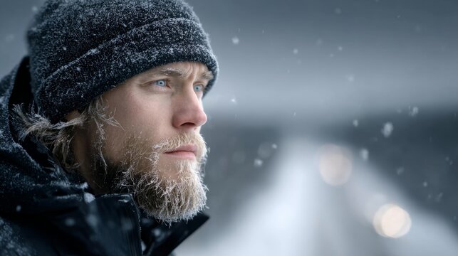 Snowflakes gently fall around a man deep in thought, his winter clothing blending with the cold, tranquil scenery
