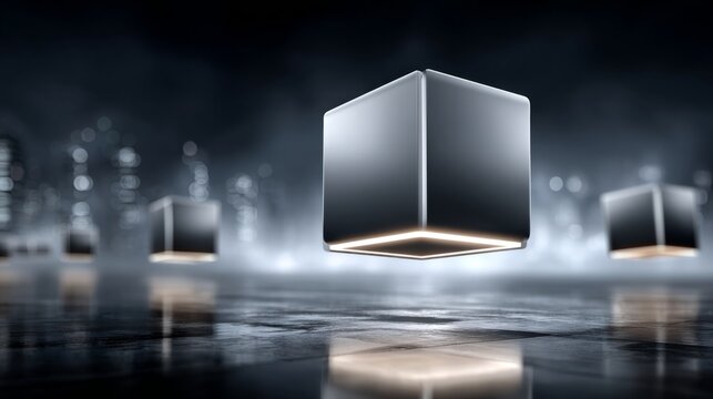 Cubes float in a misty, urban setting, creating an abstract atmosphere at night in a futuristic environment