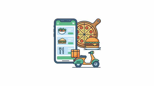 Smartphone Displaying Food Delivery App with Pizza, Burger, and Scooter Illustration. Online Ordering Concept for Takeout and Restaurant Services.