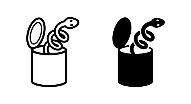 Snake in a can prank icon set displaying open tin with spring snake in vector format.
