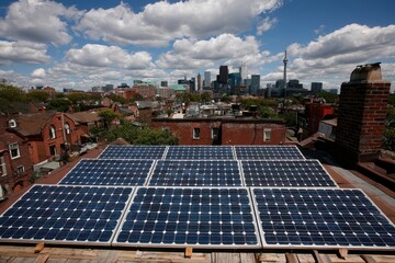 Obraz premium Solar panels across a city rooftop with brick houses, skyline towers, chimney, trees, and dramatic clouds above an urban neighborhood in Toronto Ontario