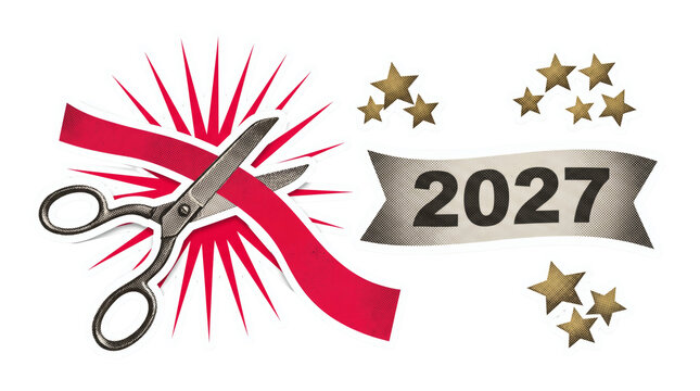 Pair of scissors cutting grand opening ceremony red ribbon with year 2027 banner. New business launch inaugurating milestone celebration. Isolated on transparent background.