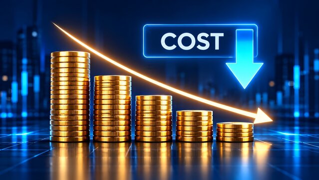 Decreasing stacks of gold coins with downward arrows illustrating cost reduction and budget optimization strategies