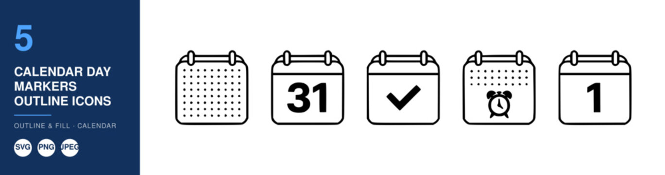 Calendar Day Markers Outline Icons, Set with Dates 1, 5, 11, 15, 31. Planning, Scheduling