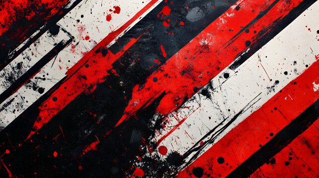 Abstract red black and white paint background, diagonal grunge stripes textured backdrop, edgy artistic canvas pattern