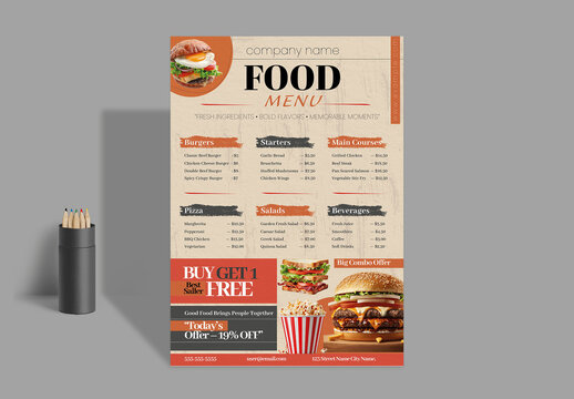 Creative Fast Food Restaurant Menu Template with Special Offer