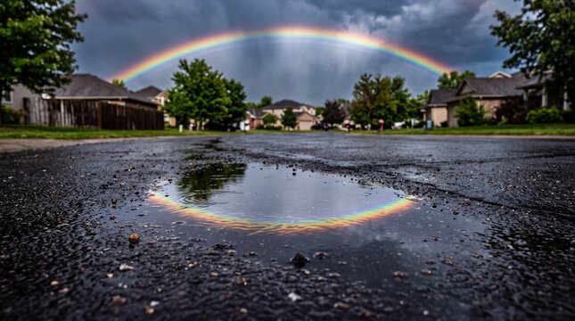 A vibrant rainbow stretches across a suburban neighborhood street after a summer rain shower while the colors of the spectrum cast a perfect reflection inside a large water puddle on the pavement
