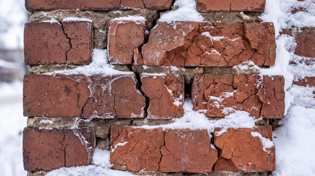 Red brick wall showing texture and decay, covered in white snow and ice during cold winter weather