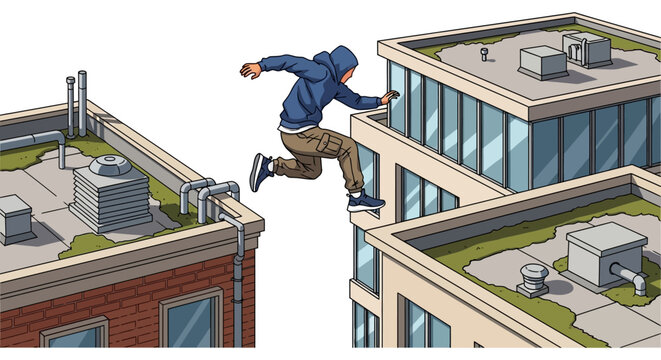 Parkour athlete jumps between rooftops in a colorful vector illustration