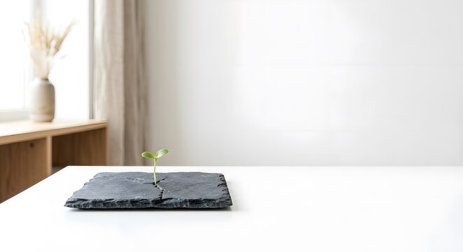 Small green sprout growing from crack in slate stone plate