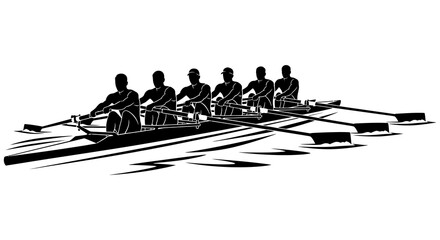 Rowing team silhouette depicts athletes in a boat on water © Sakib