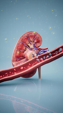 Conceptual 3D illustration of a kidney releasing EPO into a blood vessel