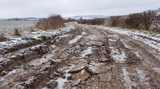 Muddy country lane displaying deep tire marks and icy pools, bordered by frost covered fields and leafless shrubs