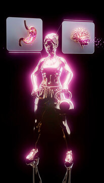 Conceptual 3D illustration of a fit woman doing kettlebell exercise with benefits for the gut microbiome and brain