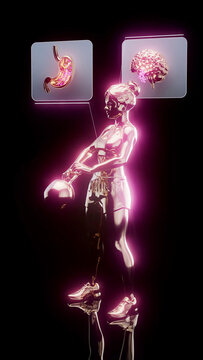 Conceptual 3D illustration of a fit woman doing kettlebell exercise with benefits for the gut microbiome and brain