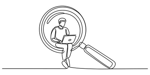 Obraz premium Continuous single line drawing of a man sitting on a magnifying glass while working on a laptop computer representing online business research isolated on transparent background, Vector