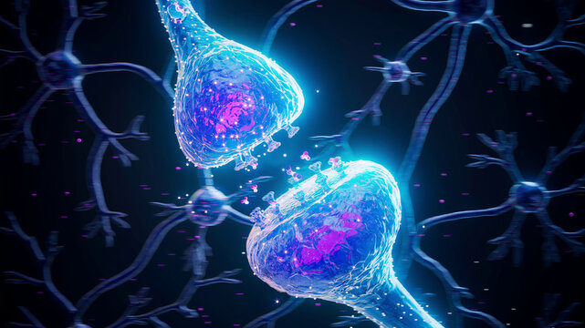 Conceptual 3D illustration of neurons communicating through neurotransmitters