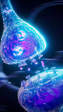 Conceptual 3D illustration of neurons communicating through neurotransmitters