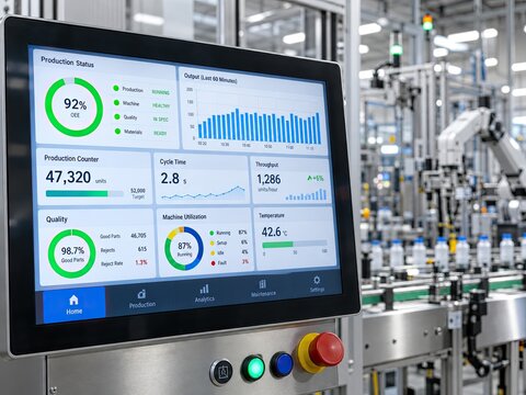 Industrial control panel displays real-time production data on a touchscreen, showing charts and metrics for efficient factory monitoring.